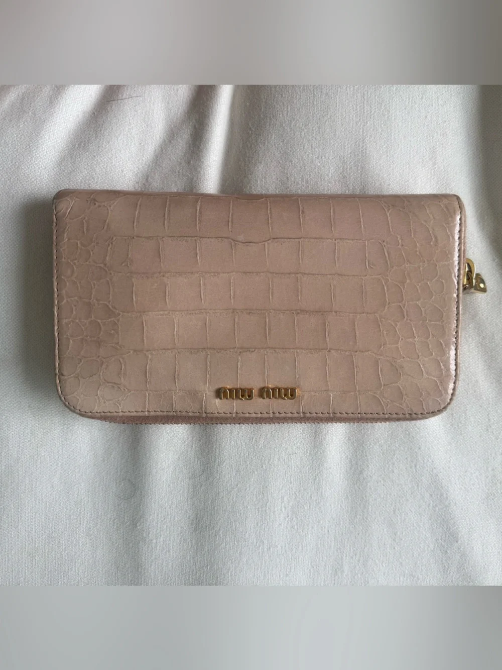 Authentic Miu Miu Tan/ Light Pink Croc-Embossed Zip Wallet